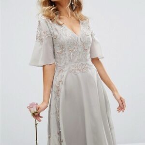 ASOS Gray Long Sleeve Dress with Embroidery